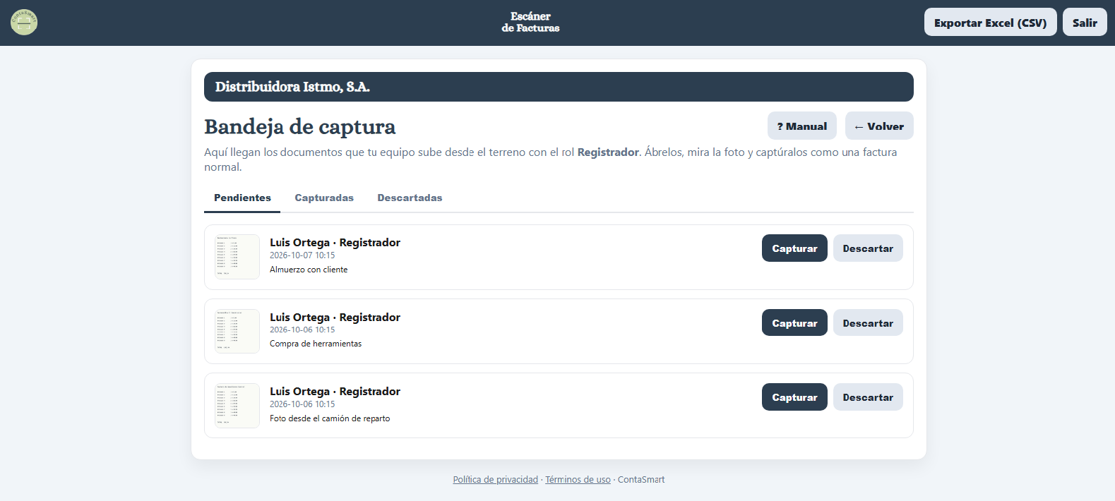 Bandeja de captura con documentos pendientes