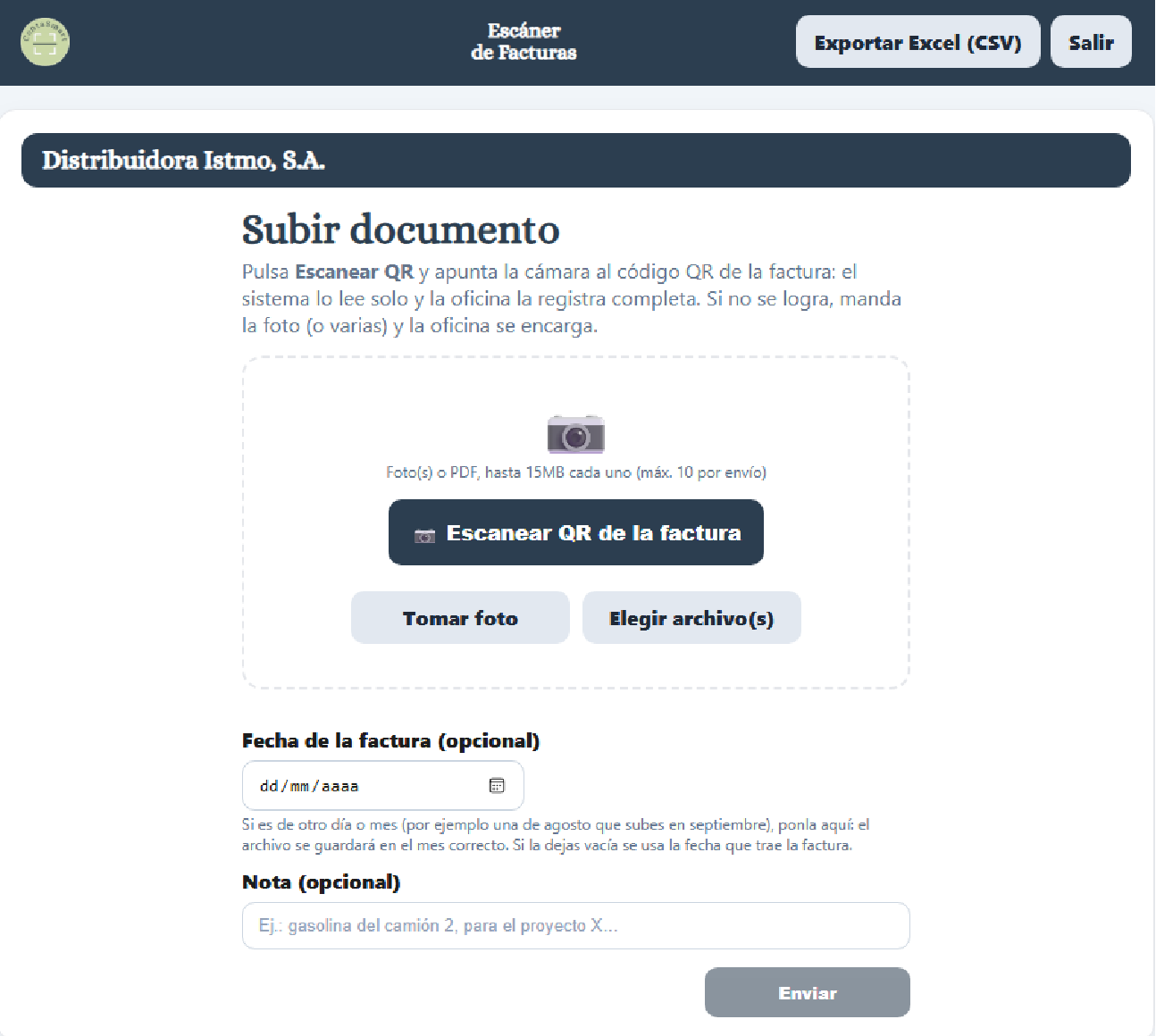Pantalla Subir documento con escaneo de QR de la factura
