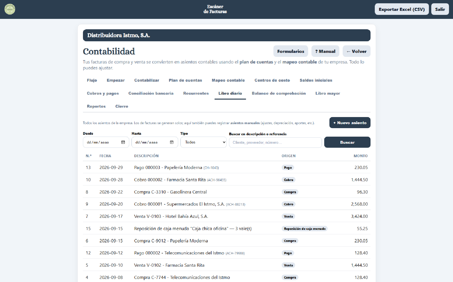 Libro diario de ContaSmart con asientos de compra, venta, cobro y pago