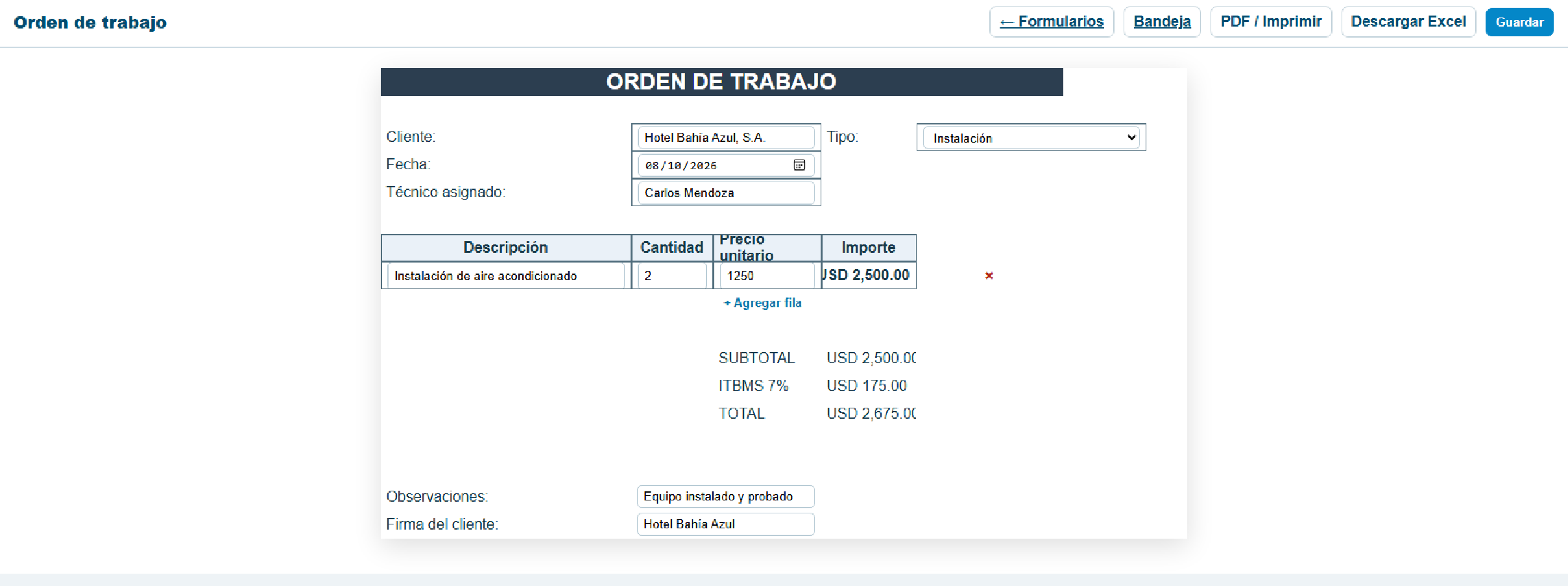 Formulario Orden de trabajo generado desde un Excel